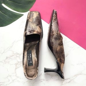Stuart Weitzman Narrow Snakeskin Square Toe Flare Heel Mules